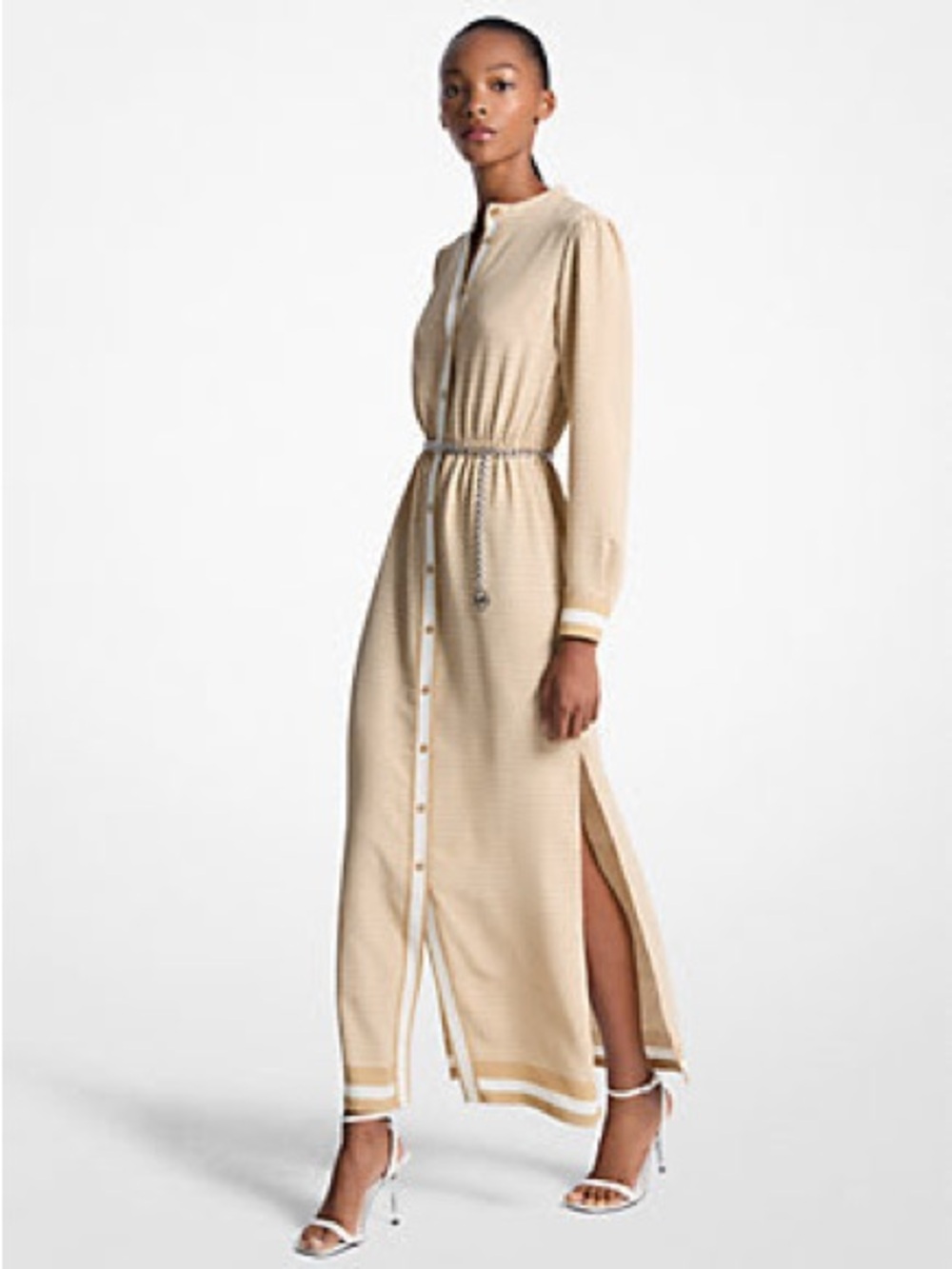 Michael Kors Logo Print Satin Belted Maxi Dress